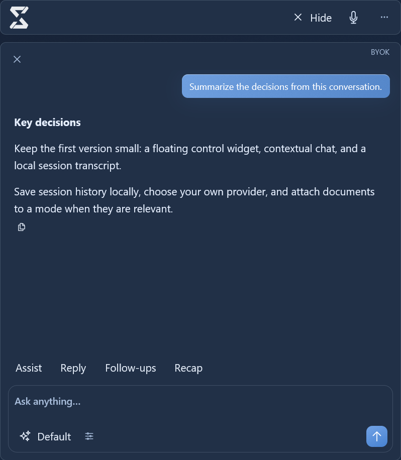 Native skillissue chat session showing a sample conversation summary, session controls, and the prompt bar.